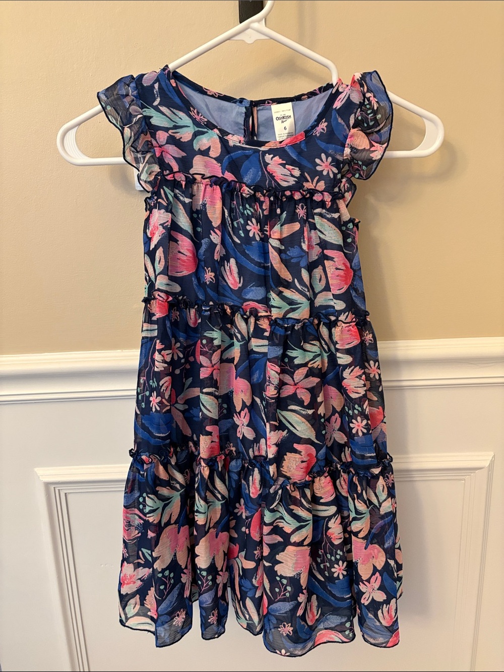 OshKosh B'gosh Navy Floral Tiered Dress with Pink & Light Blue Accents